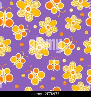 Seamless pattern with sewed butterflies and flowers Stock Vector