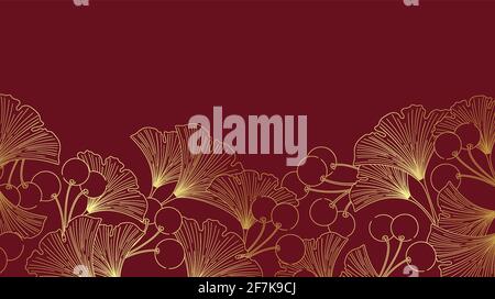 Gold luxury wallpaper line art ginkgo berries and leaves on a burgundy background with copy space Stock Vector