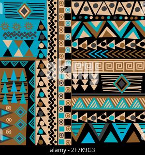African doodle ethnic texture in blue and brown colors Stock Vector