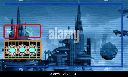 city in the future with hud element and spaceship Stock Photo