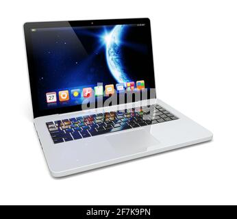 Laptop with space dawn wallpaper and apps on a screen. The Earth texture of this image furnished by NASA. (http://visibleearth.nasa.gov/view.php?id=57 Stock Photo