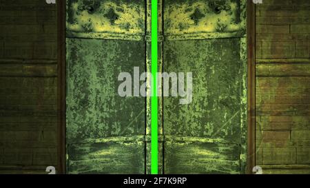 metal   door opening to green screen Stock Photo