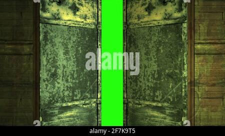 metal   door opening to green screen Stock Photo