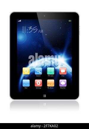 Abstract tablet PC with space dawn wallpaper and colorful apps on a screen. The Earth texture of this image furnished by NASA. (http://visibleearth.na Stock Photo
