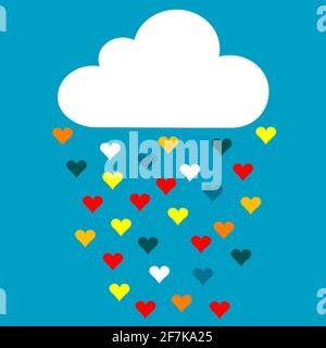 Cartoon cloud with rain drops of colored hearts in the blue sky Stock Vector