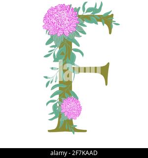 Letter f, decorated with flowers and leaves. Capital letter with vibrant pink lush flowers. Blooming letter of the alphabet, vector. Stock Vector
