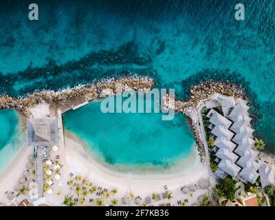 Tropical luxury resort Curacao with private beach and palm trees, luxury vacation Curacao Caribbean Stock Photo