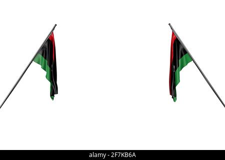 wonderful two Libya flags hanging on in corner poles from two sides isolated on white - any occasion flag 3d illustration Stock Photo