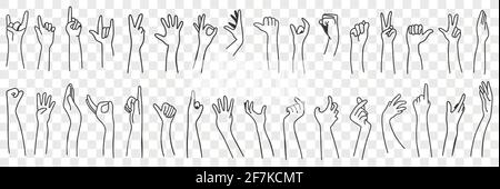 Hand gesture language doodle set. Collection of hand drawn human hands expressing various signs symbols with fingers and palms isolated on transparent background Stock Vector