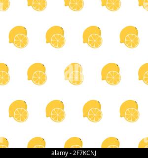 Hand drawn seamless pattern with whole and sliced lemon. Stock Vector