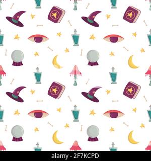 Witch seamless pattern with esoteric tools. Witchcraft supply Stock Vector