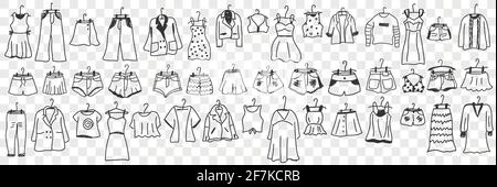 Female and male clothes outfit doodle set. Collection of hand drawn garment dress pants jacket bags shorts new on hangers for wearing or shopping isolated on transparent Stock Vector
