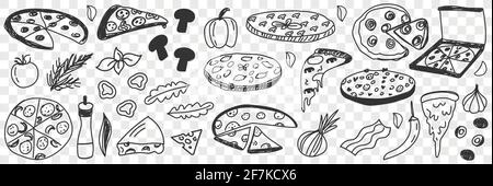 Ingredients for pizza doodle set. Collection of hand drawn tasty cheese vegetables onion pepper salami and pieces of fresh cooked pizza fast food isolated on transparent background Stock Vector