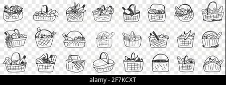 Basket with food doodle set. Collection of hand drawn various baskets with ingredients food drinks for picnics outdoors isolated on transparent background Stock Vector
