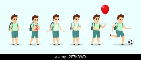 Schoolboy kid character in different poses. Cute cartoon boy set. Smiling male child with backpack, holding textbooks, play on smartphone mobile game, back to school with flower and balloon, kick ball Stock Vector