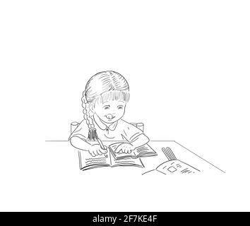 Girl schoolgirl child with pigtail sits at the table exercise books education learning material school homework home schooling learn write schoolwork Stock Photo