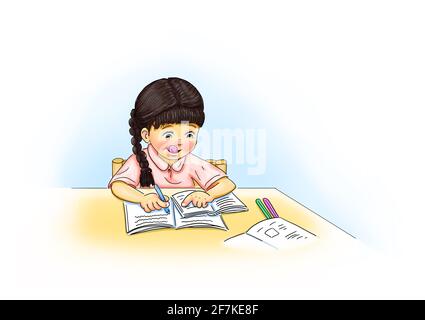 Girl schoolgirl child with pigtail sits at the table exercise books education learning material school homework home schooling learn write schoolwork Stock Photo