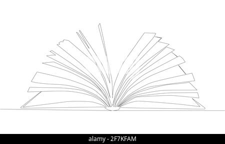 Stack of opened books in style of one line. Black contour. Stock Vector
