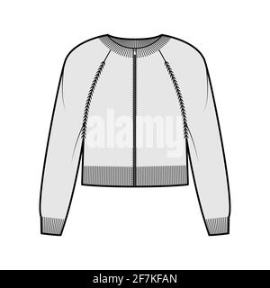 Zip-up cropped cardigan Sweater technical fashion illustration with rib crew neck, long raglan sleeves, knit trim. Flat jumper apparel front, grey color style. Women men unisex CAD mockup Stock Vector