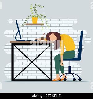 Burnout concept illustration with exhausted female office worker sitting at the table. Frustrated worker, mental health problems. vector illustration Stock Vector