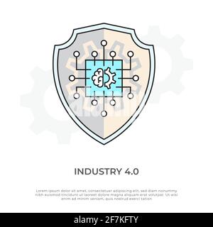Industry 4.0 vector illustration. Security industrial machine learning concept. AI process automation technology development image. Stock Vector