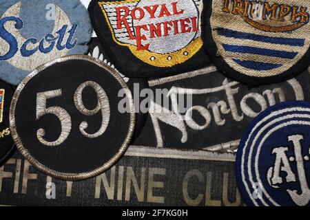 Close up of biker ,cafe racer and rocker patches. patches for sale in London , UK Stock Photo