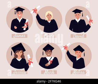 Avatars of graduate students, graduation album. Happy young people in mortar board and bachelor gown with diploma. Vector illustration in flat style Stock Vector