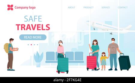 Air travel new reality, safe flight concept. People in protective face masks at airport terminal. Vector illustration in flat style Stock Vector