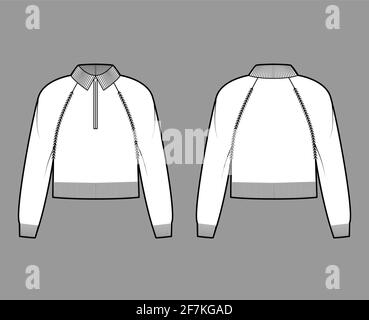 Zip-up cropped Sweater technical fashion illustration with rib henley neck, classic collar, long raglan sleeves, knit trim. Flat apparel front, back, white color style. Women, men unisex CAD mockup Stock Vector