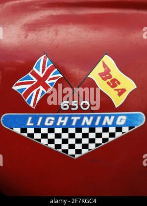 Close up of BSA 650 Lightning classic motorcycle made in Birmingham between 1965 and 1972. BSA Lightning Vintage Classic Motorcycle Logo Stock Photo