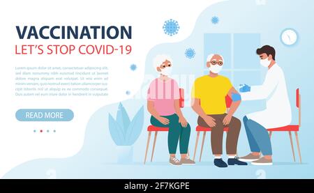 Vaccination against coronavirus. Doctor making Injection to elderly people. Let's stop Covid-19 concept. Vector illustration in flat style Stock Vector