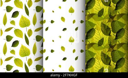 Three minimalistic geometric abstract nature background seamless pattern tiles made from basic green spring leaves. Nature floral styled patterns with Stock Vector
