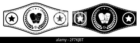 icon, sport belt of boxing champion, kickboxing tournament winner with gloves and laurel wreath emblem in center. Vector Stock Vector