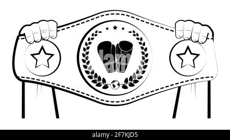 strong male hands of champion athlete hold competition winner belt over his head. Victory in tournament in boxing, combat sports. Vector Stock Vector