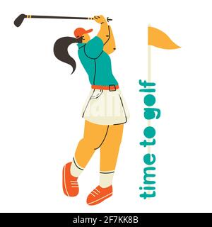 Golf player isolated. Time to golf, hand drawn lettering. Woman playing golf. Vector illustration of a character in a trending style disproportionate Stock Vector