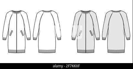 Zip-up dress cardigan Sweater technical fashion illustration with rib crew neck, long raglan sleeves, oversized, pockets. Flat jumper apparel front, back, white grey color. Women men unisex CAD mockup Stock Vector