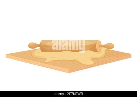 Wooden Rolling pin and dough isolated on white background in cartoon style stock vector illustration. Detailed and textured object. Vector illustration Stock Vector