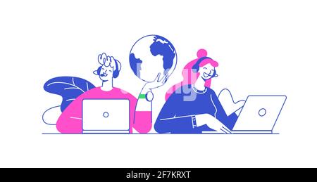 Flat vector design illustrations, technical support assistant, customer and operator vector. Customer service, hotline operator advises customer Stock Vector