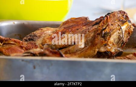 Homemade roasted lamb ready to eat. Typical easter portuguese dish. Stock Photo