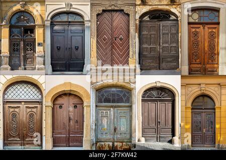 A collage of wooden doors in the ancient city of Zagreb, Croatia Stock Photo