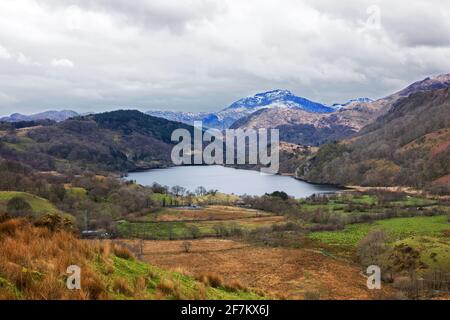 Nant Gwynant is a valley in the Snowdonia National Park and includes Lake Gwynant (Llyn Gwynant in Welsh). Stock Photo