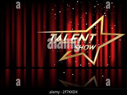 Golden talent show text in the star over red curtain. Event invitation poster. Festival performance banner. Stock Vector