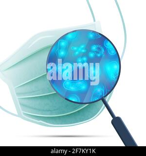 A lot of bacterias and viruses on medical face mask under magnifying glass on white Stock Vector