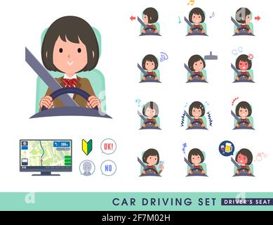 A set of schoolgirl driving a car(driving seat).It's vector art so easy to edit. Stock Vector