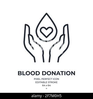 Blood donation concept editable stroke outline icon isolated on white background vector illustration. Pixel perfect. 64 x 64. Stock Vector