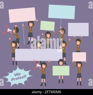 A set of schoolgirl protesting.It's vector art so easy to edit. Stock Vector