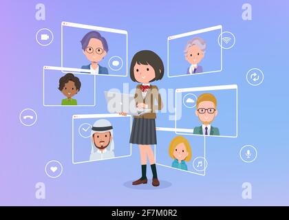 A set of schoolgirl communicating online using a laptop.It's vector art so easy to edit. Stock Vector