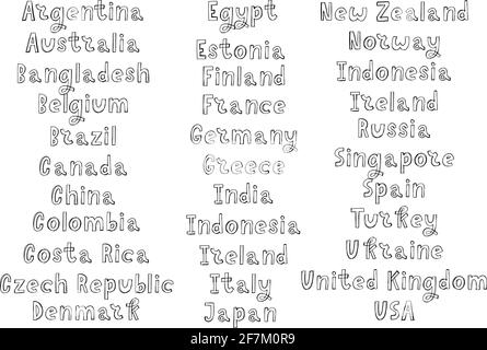 The names of the countries of the world. European cities. Hand letter Stock Vector