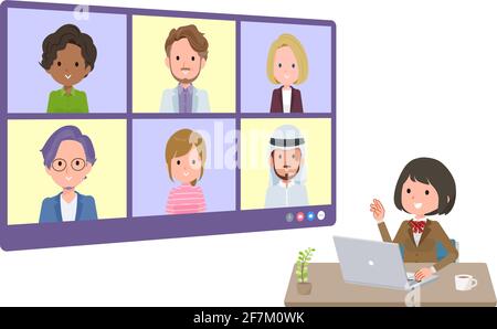 A set of schoolgirl having an online meeting with multiple people. perspective angle.It's vector art so easy to edit. Stock Vector