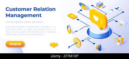 Customer Relation Management - Isometric Design in Trendy Colors Isometrical Icons on Blue Background. Banner Layout Template for Website Development Stock Vector